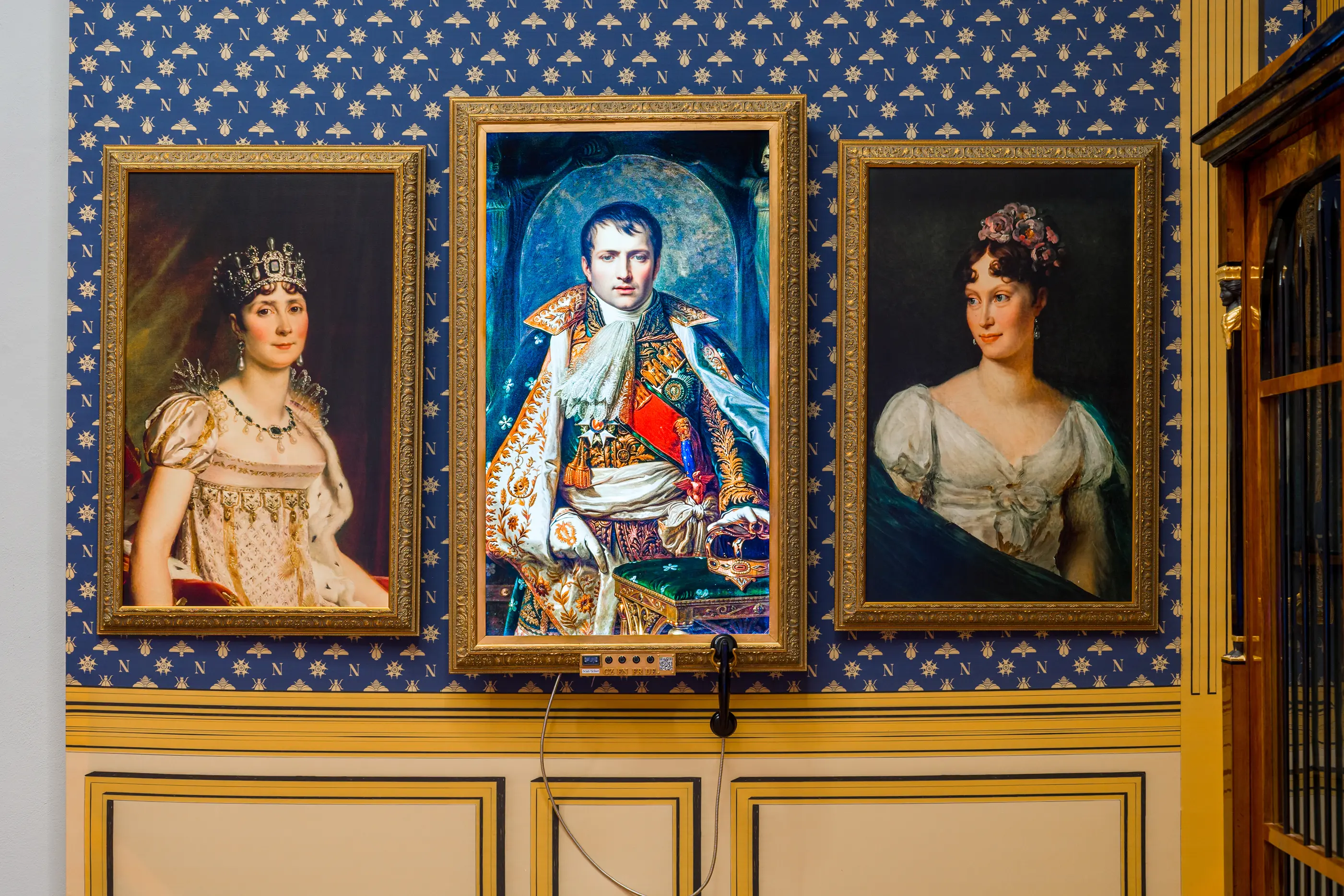Napoleon AI avatar v muzeu – tři portréty na stěně
